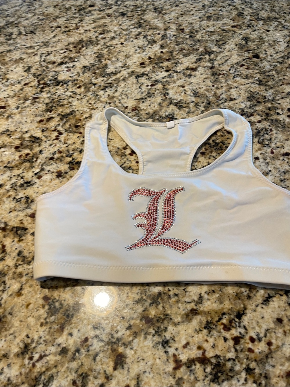 White Racerback Sports Bra with Red Crystal 'L' Accent